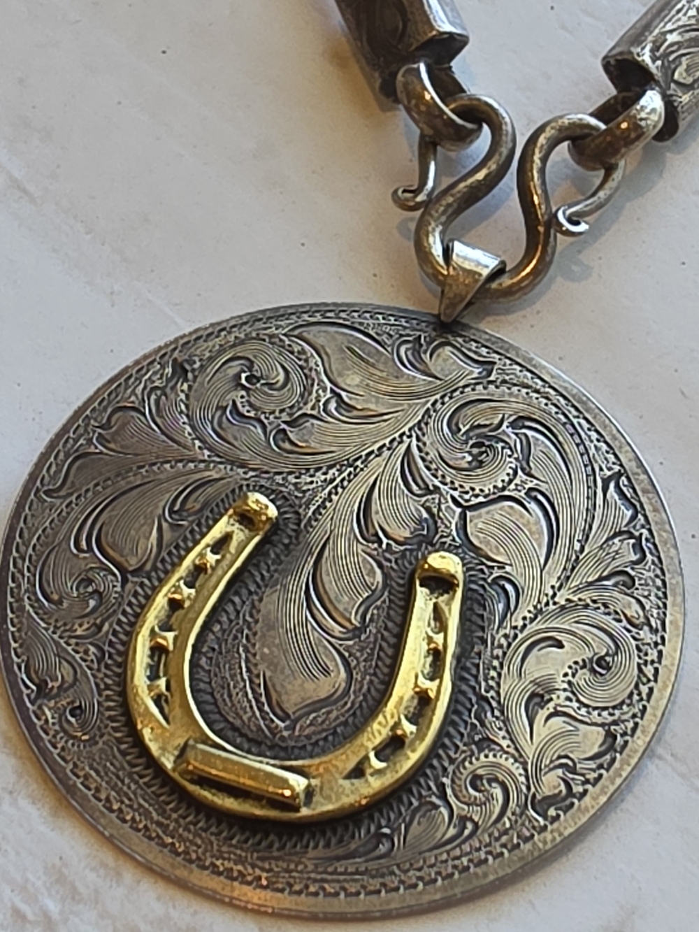 Sterling Silver and Gold Horseshoe Medallion Pendant Horse Hair Necklace